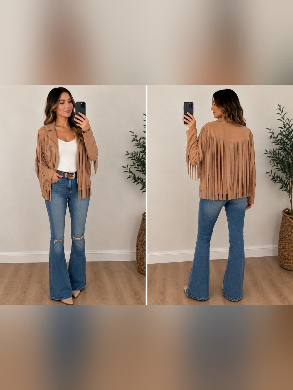 Western Fringe Faux Suede Jacket Womens Large Tan Beige Boho Cowgirl Festival